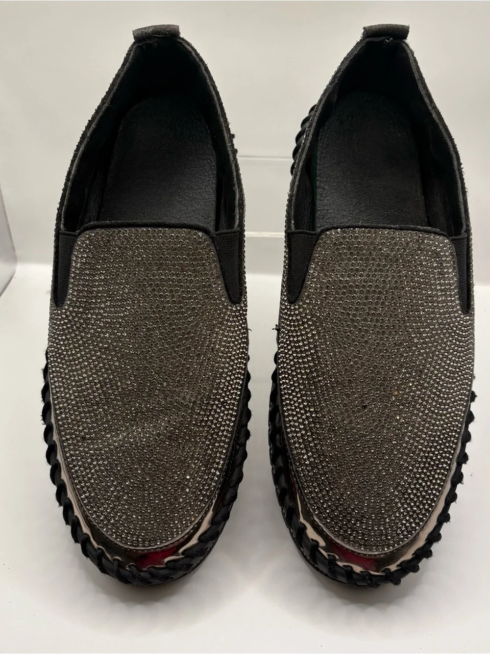 Men's Black Crystal-Embellished Slip-On Loafers